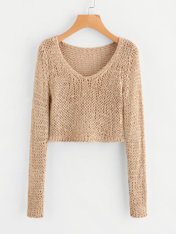 Romwe V Neckline Hollow Out Crop Sweater
