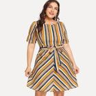 Romwe Plus Striped Self Tie Waist Dress