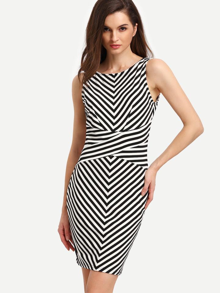 Romwe White Black Sleeveless Striped Backless Bodycon Dress