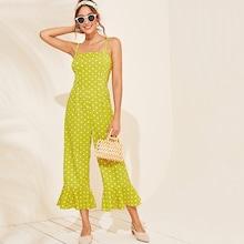 Romwe Shirred Back Ruffle Hem Polka Dot Cami Jumpsuit