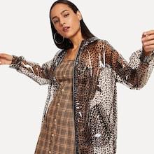Romwe O-ring Zip Up Leopard Hooded Raincoat