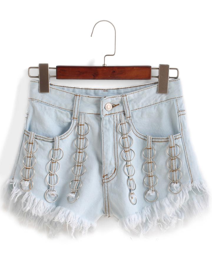 Romwe Fringe Embellished Denim Shorts