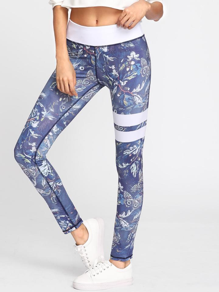 Romwe Butterfly Print Varsity Striped Leggings