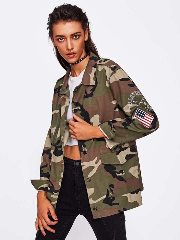 Romwe Applique Sleeve Camouflage Jacket