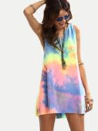Romwe Multicolor Tie-dye V Neck Sleeveless Knotted Shift Dress