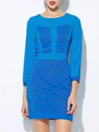 Romwe Blue Round Neck Length Sleeve Hollow Dress