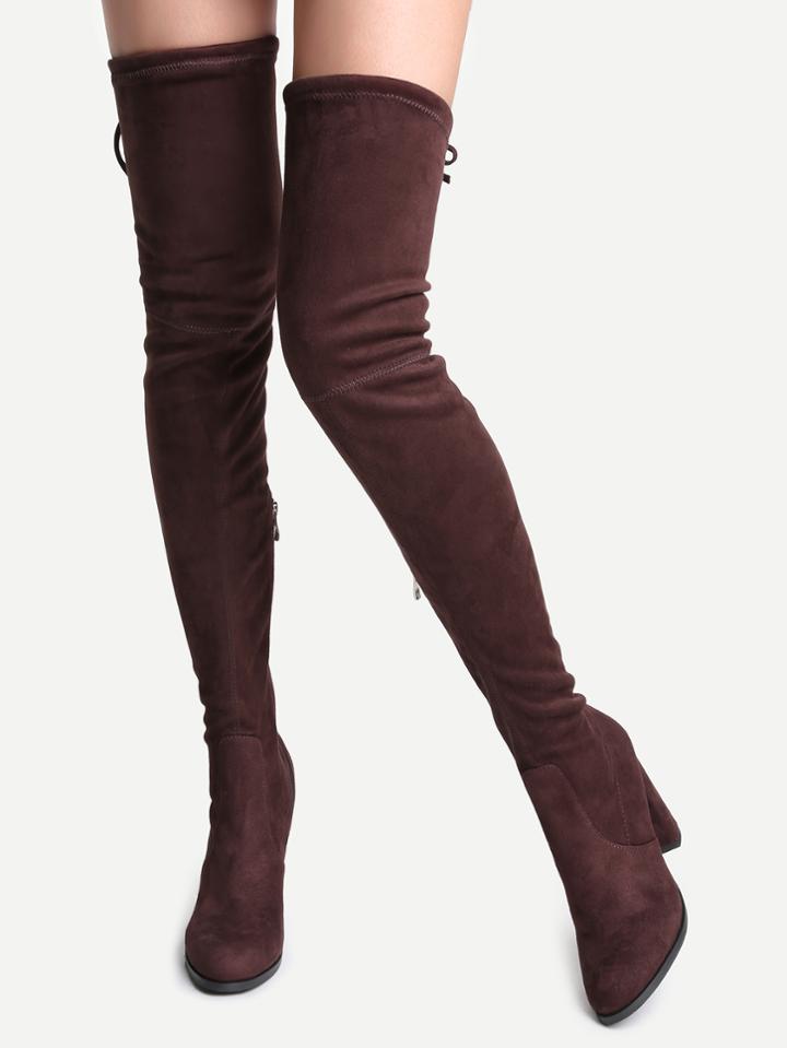 Romwe Brown Faux Suede Point Toe Tie Back Knee Boots
