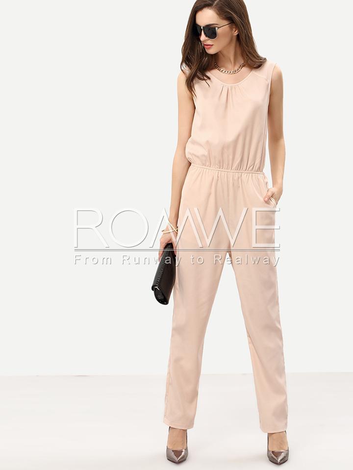 Romwe Pink V Back Pockets Sleeveless Jumpsuit