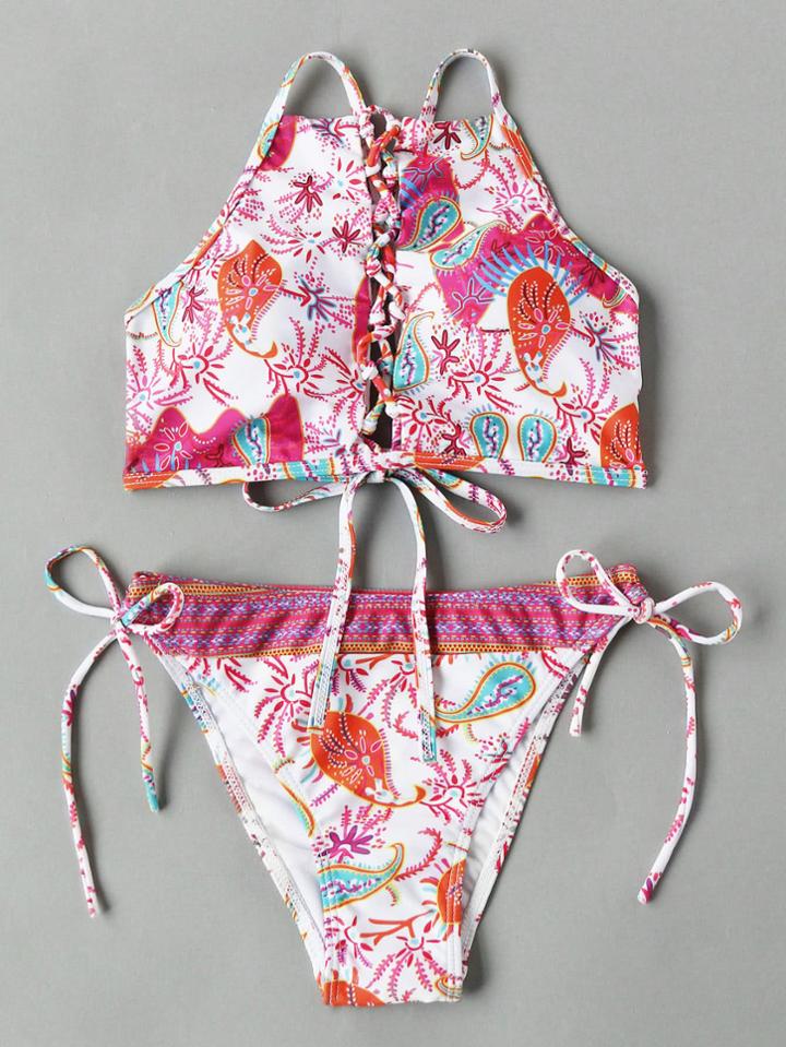 Romwe Paisley Print Criss Cross Side Tie Bikini Set