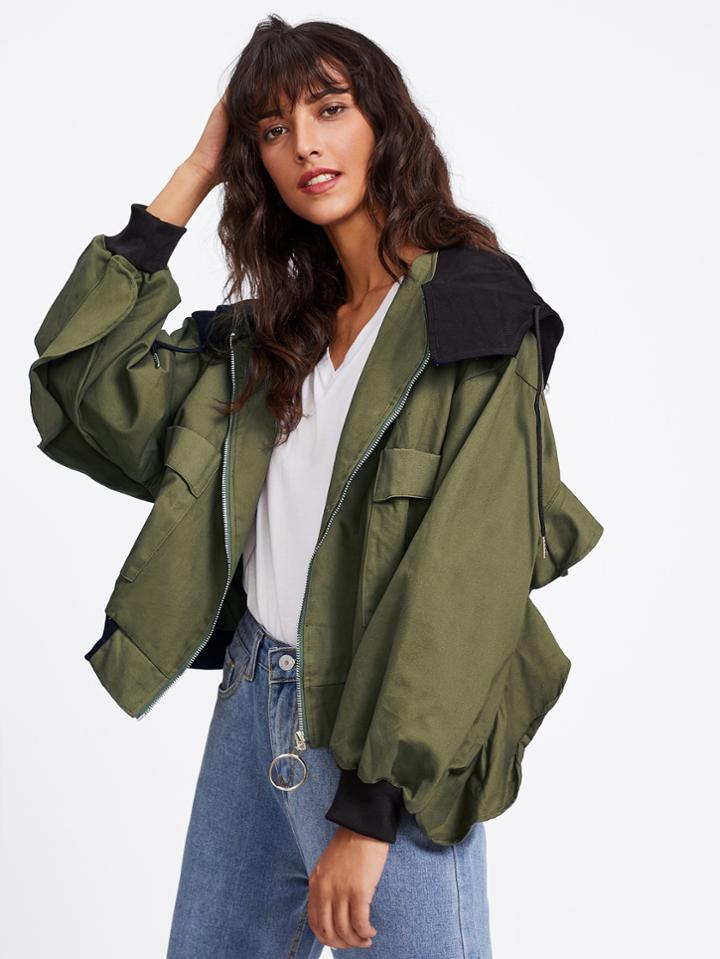 Romwe Fill Trim Back Hooded Zip Up Jacket