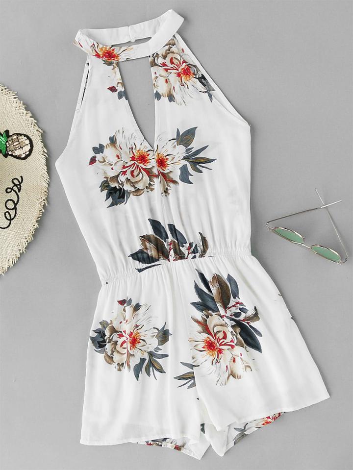 Romwe Floral Print Random Deep V Back Halter Romper