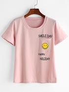Romwe Pink Slogan Print T-shirt With Pocket