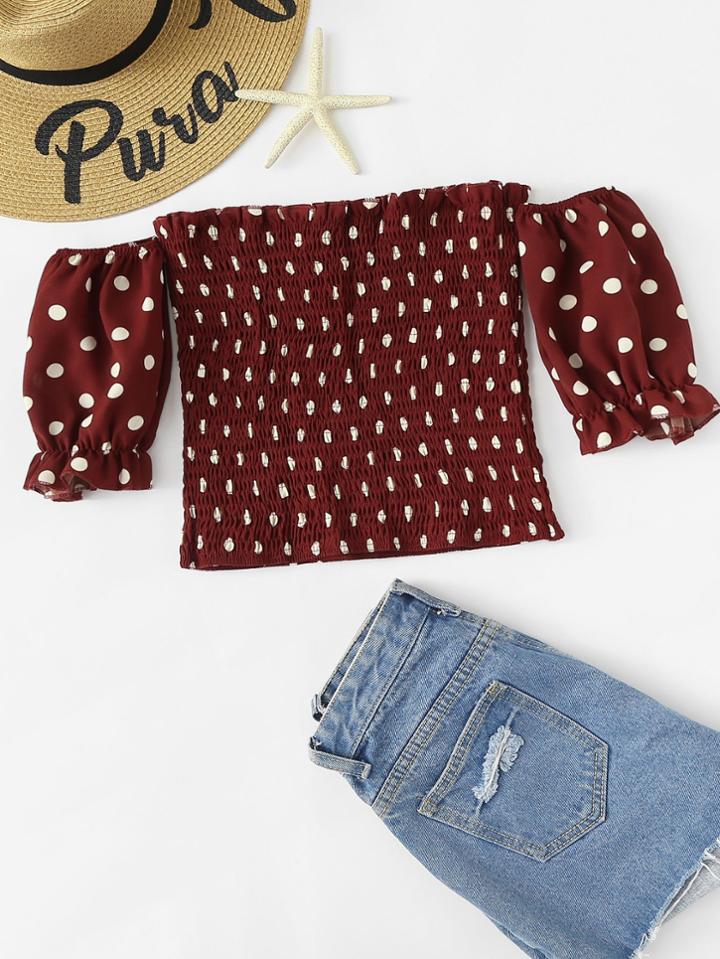 Romwe Off Shoulder Polka Dot Crop Top