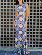 Romwe Sleeveless Vintage Print Cut Out Maxi Dress