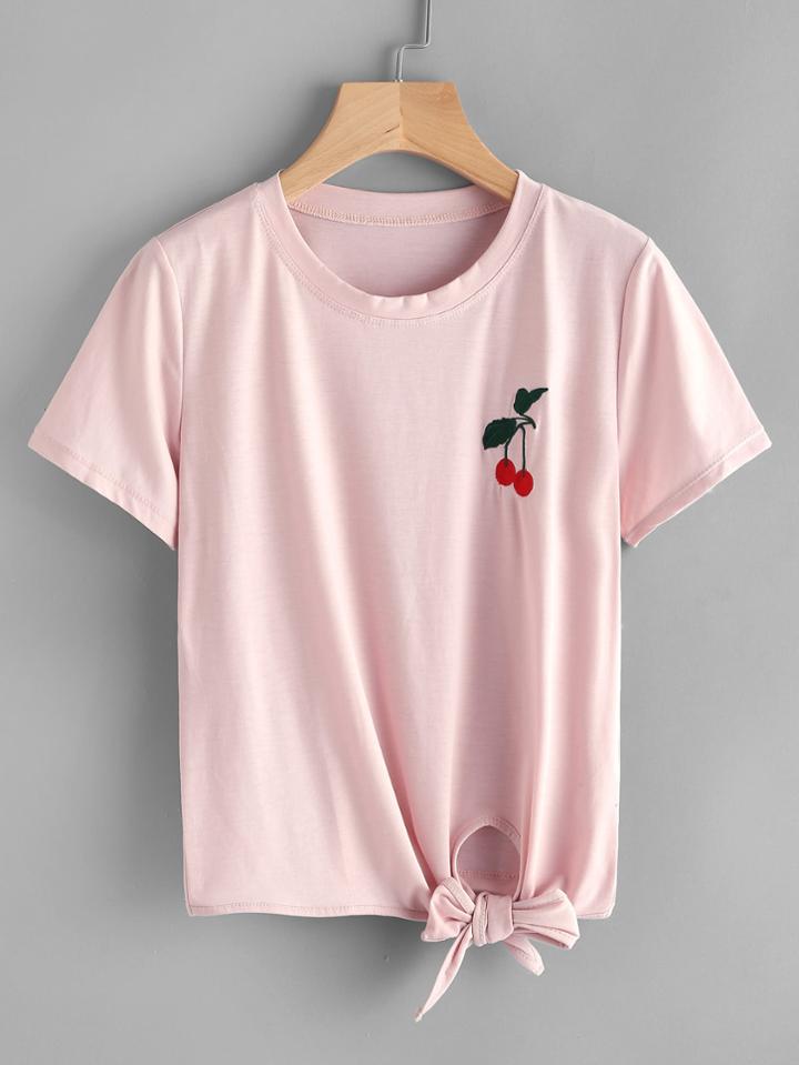 Romwe Cherry Embroidered Knot Side Tee