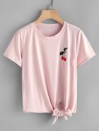 Romwe Cherry Embroidered Knot Side Tee