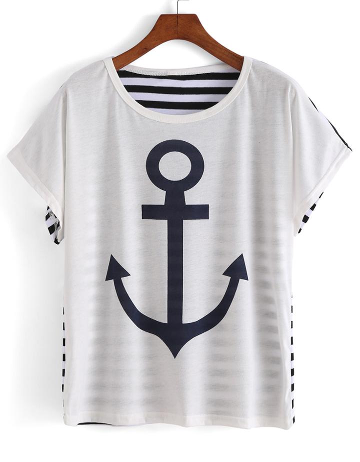 Romwe Anchor Print Striped T-shirt