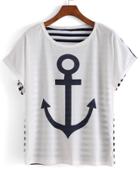 Romwe Anchor Print Striped T-shirt