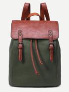 Romwe Green Canvas Contrast Faux Leather Dual Buckle Flap Backpack