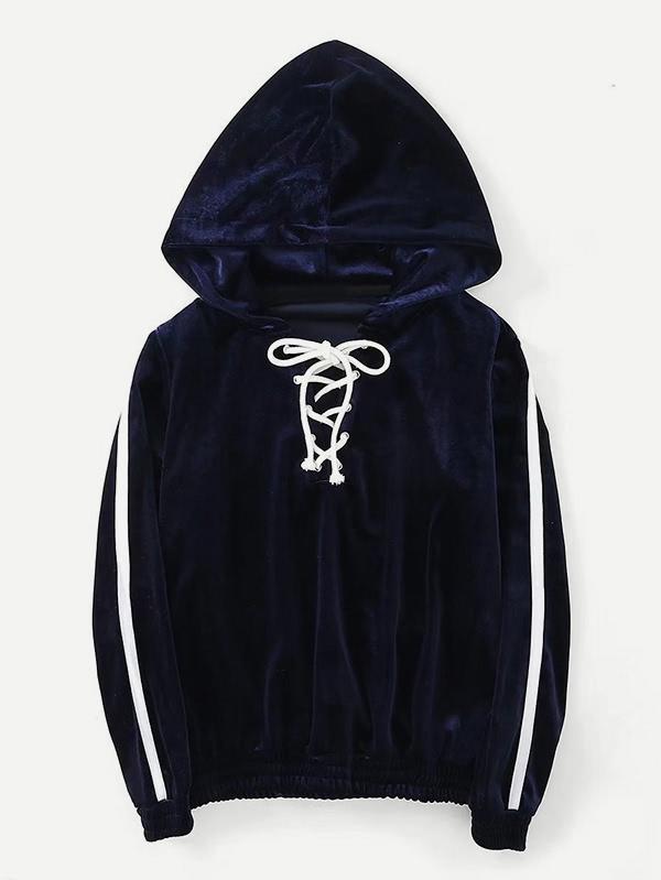 Romwe Lace Up Velvet Hoodie