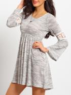 Romwe Grey Long Sleeve With Lace Dress