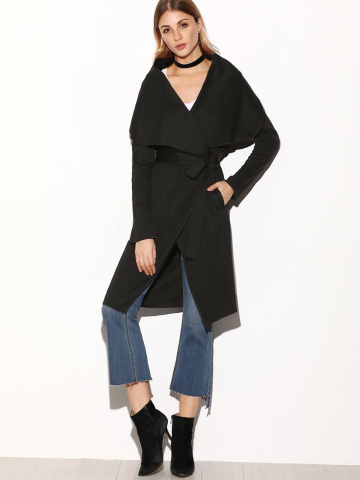 Romwe Black Drape Collar Wrap Coat
