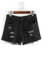 Romwe Frayed Black Denim Shorts