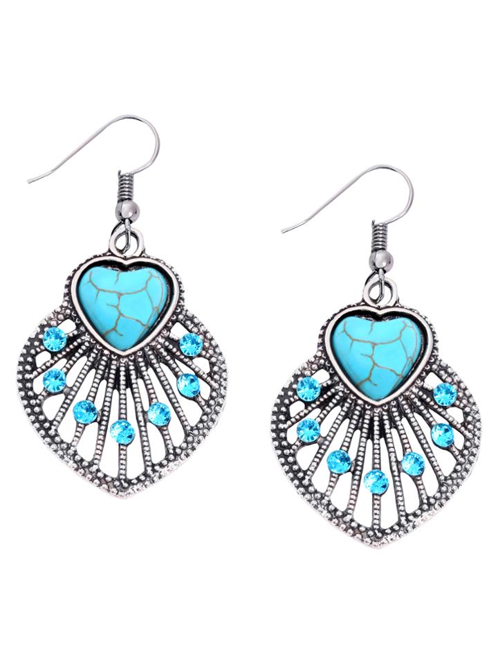 Romwe Heart Turquoise Embellished Leaf Drop Earrings