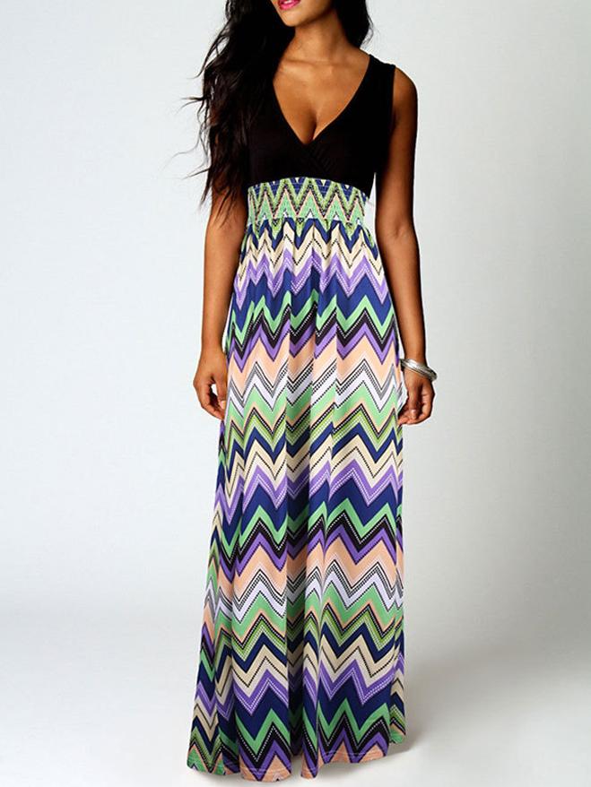 Romwe Deep Plunge Neck Zigzag Maxi Dress
