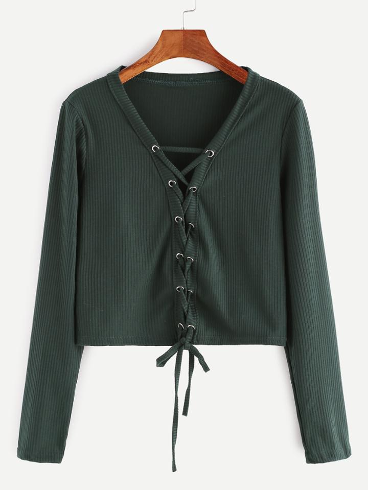 Romwe Deep Green Lace Up Front Ribbed Crop T-shirt