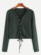 Romwe Deep Green Lace Up Front Ribbed Crop T-shirt