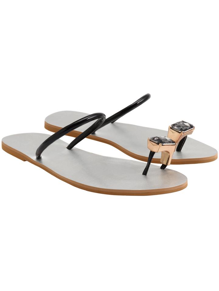 Romwe Black Rhinestone Flip Flat Sandals
