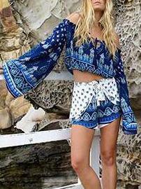 Romwe Blue Paisley Print Off The Shoulder Blouse