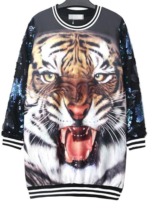 Romwe Tiger Head Print Sequined Sweatshirt