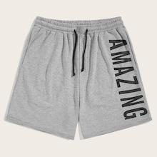 Romwe Guys Letter Print Slant Pocket Shorts