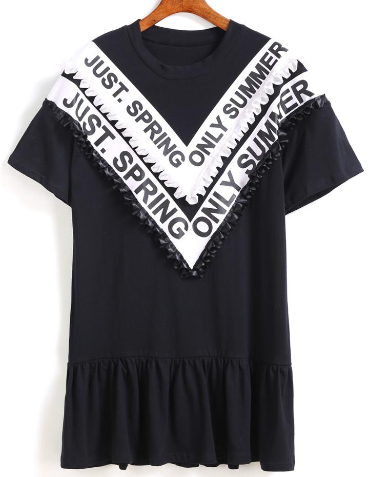 Romwe Ruffle Letter Print Peplum Hem Black Dress