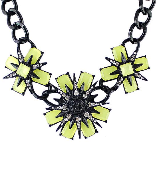 Romwe Neon Green Flower Gemstone Black Necklace