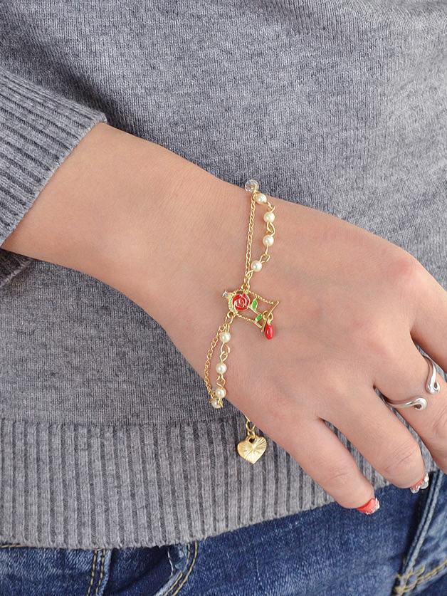 Romwe Red Flower Bell Type Pearl Chain Bracelet