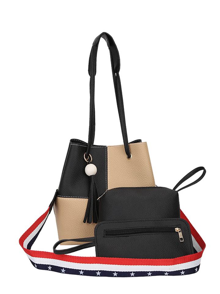 Romwe Tassel Detail Color Block Bucket Combination Bag