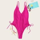 Romwe Neon Hot Pink Backless Lace-up One Piece Swimsuit