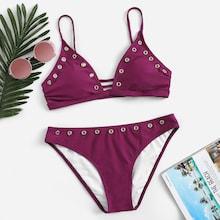 Romwe Eyelet Detail Ruched Triangle Bikini Set