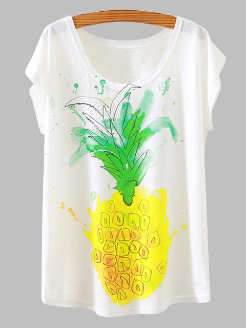 Romwe White Pineapple Print Slub T-shirt