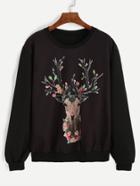 Romwe Black Deer Print Sweatshirt
