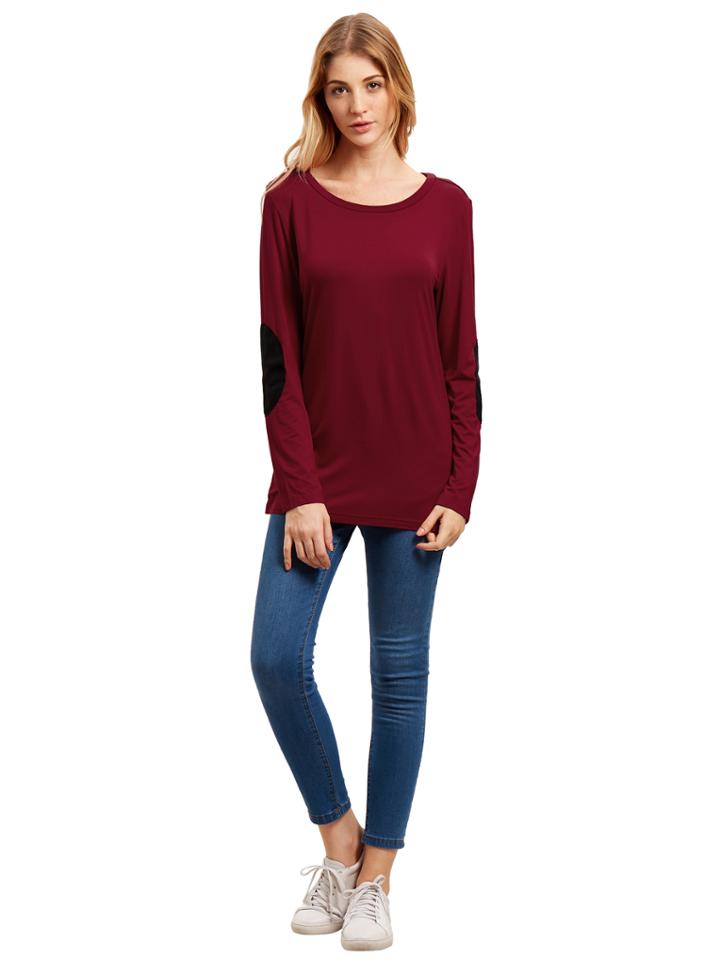 Romwe Burgundy Long Sleeve Elbow Patch T-shirt