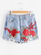 Romwe Ripped Appliques Raw Hem Denim Shorts