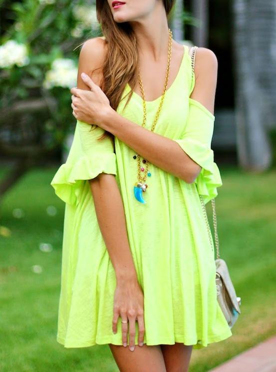 Romwe Neon Green Off The Shoulder Butterfly Sleeve Shift Dress