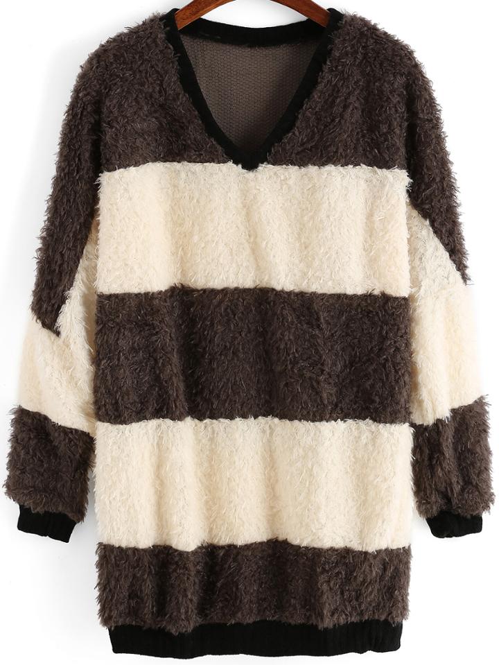 Romwe V Neck Striped Loose Sweatshirt