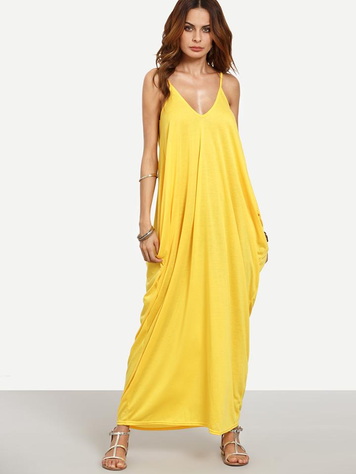 Romwe Yellow Spaghetti Strap Plain Maxi Dress