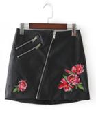 Romwe Oblique Zipper Embroidery Faux Leather Skirt