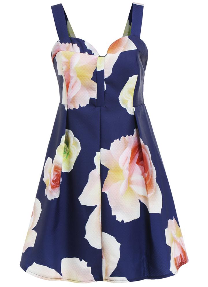 Romwe Straps Florals Flare Blue Dress